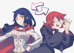  adjusting_eyewear blue_hair blush breasts cape cleavage cosplay costume_switch directional_arrow dress dual_persona glasses highres little_witch_academia long_hair medium_breasts multiple_girls red_eyes red_hair shiny_chariot short_hair side_ponytail spoilers ursula_charistes vento witch 