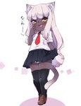  animal_ears black_legwear blush brown_eyes cat_ears cat_tail check_commentary commentary_request dark_skin fang furry hand_to_own_mouth highres lifted_by_self long_hair low_ponytail necktie open_mouth original panties panty_peek school_uniform shirt shoes silver_hair skirt skirt_lift slit_pupils smile solo tail thighhighs translation_request underwear white_panties white_shirt yuuki_(yuyuki000) 