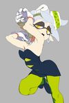  :o ankle_boots armpits arms_up black_boots black_dress boots brekkist detached_collar domino_mask dress earrings eyebrows gloves green_legwear grey_background grey_hair hair_accessory half-closed_eyes hotaru_(splatoon) jewelry knees_up looking_at_viewer mask object_on_head open_mouth pointy_ears short_dress short_eyebrows short_hair simple_background sleeveless splatoon standing sushi tentacle_hair white_gloves yellow_eyes 
