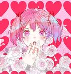  :o blue_eyes eyebrows flower-shaped_pupils hand_to_own_mouth hand_up heart heart_background kaname_madoka leaf looking_up mahou_shoujo_madoka_magica multicolored_eyes pink_background pink_eyes pink_hair pink_rose red_eyes red_heart red_ribbon ribbon rose rose_petals short_hair symbol-shaped_pupils tied_hair twintails white_rose worried 
