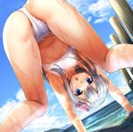  armpits arms_up ass bent_over bikini bird blue_eyes blue_sky blurry blush breasts cloud cloudy_sky commentary day depth_of_field dutch_angle error eyebrows_visible_through_hair flower hair_flower hair_ornament highres horizon ipuu_(el-ane_koubou) kantai_collection long_hair looking_at_viewer navel nontraditional_school_swimsuit open_mouth outdoors ro-500_(kantai_collection) school_swimsuit silver_hair sky small_breasts solo swimsuit tankini top-down_bottom-up wading water water_drop wet white_bikini 
