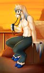  5_fingers anthro blue_hair blue_hooves clothed clothing day equine hair hooves horse male mammal outside pants sky smile solo topless white_hair wolflady 