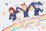  :d aikatsu! aikatsu!_(series) blonde_hair blue_eyes blue_hair blue_jacket blue_scrunchie boots closed_eyes floating_hair gorilla_(perricotento) grey_background hair_ornament hair_scrunchie high_heel_boots high_heels highres holding_hands hoshimiya_ichigo interlocked_fingers jacket kiriya_aoi knee_boots long_hair miniskirt multiple_girls neck_ribbon open_mouth perricotento pleated_skirt red_hair red_ribbon ribbon scrunchie shibuki_ran side_ponytail skirt smile star very_long_hair white_footwear white_skirt yellow_eyes 