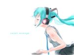  aqua_hair closed_eyes hatsune_miku headset kowiru long_hair necktie no_detached_sleeves profile simple_background sleeveless solo tattoo twintails vocaloid 