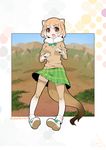  animal_ears black-tailed_prairie_dog_(kemono_friends) blush bow brown_eyes commentary_request full_body fur_collar gloves gradient_legwear highres kemono_friends open_mouth pleated_skirt prairie_dog_ears prairie_dog_tail short_hair skirt solo tail umigarasu_(kitsune1963) 