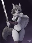  2017 5_fingers anthro black_nose breasts canine clothed clothing female fur grey_fur grey_hair hair holding_object holding_weapon mammal melee_weapon midriff navel solo sword weapon wolfirry 