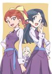  ahoge ascot barbara_parker black_hair blonde_hair blue_eyes blue_sash blush bow brown_hair collared_shirt commentary_request diana_cavendish green_eyes hair_bow hanna_england head_on_hand highres little_witch_academia long_hair long_sleeves looking_at_viewer luna_nova_school_uniform multicolored_hair multiple_girls open_mouth pleated_skirt ponytail purple_skirt purple_vest school_uniform shirt simple_background skirt smile tama_(tama-s) two-tone_hair vest white_shirt witch yellow_bow 