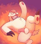  2017 animal_genitalia animal_penis anus balls blush butt digital_media_(artwork) erection fur lying mabit male mammal nintendo nude open_mouth penis pok&eacute;mon sloth smile solo spread_legs spreading video_games vigoroth white_fur 