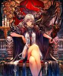  animal_on_arm apple artist_request bird blonde_hair candle cape carabosse_wicked_fairy crossed_legs cygames eyebrows_visible_through_hair food fruit fur_trim horns official_art pink_eyes platinum_blonde_hair raven_(animal) shadowverse shingeki_no_bahamut sitting skull staff throne 