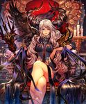  animal_on_arm apple artist_request bird blonde_hair candle cape carabosse_wicked_fairy crossed_legs cygames eyebrows_visible_through_hair fang food fruit fur_trim horns long_hair official_art pink_eyes platinum_blonde_hair raven_(animal) shadowverse shingeki_no_bahamut sitting skull smile staff throne 