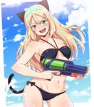  animal_ears armpits bare_shoulders bikini blonde_hair cat_ears cat_tail green_eyes groin heinrike_prinzessin_zu_sayn-wittgenstein hirschgeweih_antennas liar_lawyer long_hair looking_at_viewer navel noble_witches open_mouth solo swimsuit tail water_gun wet world_witches_series 