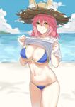 absurdres animal_ears bad_id bad_pixiv_id beach bikini blue_bikini blush breasts chaoxi cleavage closed_mouth day ears_through_headwear eyebrows_visible_through_hair fate/grand_order fate_(series) fox_ears hat highres large_breasts looking_at_viewer navel pink_hair shirt_lift sketch smile solo straw_hat sun_hat swimsuit tamamo_(fate)_(all) tamamo_no_mae_(fate) tamamo_no_mae_(swimsuit_lancer)_(fate) yellow_eyes 
