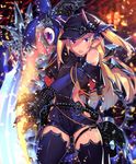  bare_shoulders belt blonde_hair bracelet capelet cygames demon_eater gauntlets glowing glowing_sword glowing_weapon hat horns huge_weapon jewelry lantern long_hair mckeee official_art pointy_ears pointy_shoes puffy_sleeves red_eyes ribbon shadowverse shingeki_no_bahamut shoes skull sword thighhighs weapon 