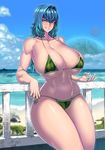  against_railing aqua_eyes bangs bare_arms bare_shoulders beach bikini blue_hair blue_sky blurry blurry_background breasts bursting_breasts cleavage cloud collarbone cowboy_shot curvy dated day depth_of_field eyebrows_visible_through_hair green_bikini grin highres huge_breasts leaf_print long_hair looking_at_viewer micro_bikini multiple_moons navel ocean original outdoors railing shore signature skindentation sky smile solo space_jin standing strap_gap swimsuit thick_thighs thighs underboob wide_hips zoe_(space_jin) 