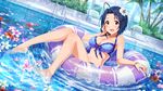  ahoge artist_request bare_shoulders bikini blue_bikini blue_hair blush bracelet breasts cleavage day flower hair_flower hair_ornament idolmaster idolmaster_(classic) idolmaster_million_live! idolmaster_million_live!_theater_days innertube jewelry looking_at_viewer medium_breasts miura_azusa navel necklace official_art outdoors palm_tree partially_submerged pool pool_ladder red_eyes short_hair smile solo splashing sunlight swimsuit tree water wet 