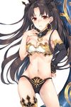  blush breasts cleavage closed_mouth earrings eyebrows_visible_through_hair fate/grand_order fate_(series) frown highres hoop_earrings ishtar_(fate/grand_order) jewelry large_breasts long_hair looking_at_viewer navel rinarisa solo 