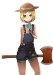  absurdres arm_behind_back axe badge blonde_hair brown_eyes commentary_request cowboy_shot fate/grand_order fate_(series) food gloves hat highres looking_at_viewer mugcup naked_overalls overalls paul_bunyan_(fate/grand_order) popsicle short_hair shorts simple_background smile smiley_face solo weapon white_background 