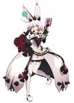  blue_eyes bob_cut boots bouquet elphelt_valentine flower gloves grin guilty_gear guilty_gear_xrd gun highres holding holding_gun holding_weapon licking_lips looking_at_viewer rdc7229 rose simple_background smile solo spoilers thighhighs tongue tongue_out weapon white_background white_hair 