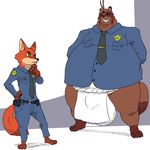  a-side balls big_balls bottomless canine clothed clothing disney duo eyes_closed fox male mammal nick_wilde overweight police_uniform simple_background smile tanuki uniform zootopia 