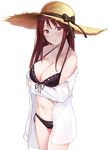  bikini black_bikini blush bow breast_hold breasts cleavage closed_mouth collarbone cowboy_shot deneb_(noble324) front-tie_bikini front-tie_top halterneck hat hat_bow hat_ribbon highres idolmaster idolmaster_cinderella_girls large_breasts long_hair long_sleeves mifune_miyu navel off_shoulder open_clothes open_shirt purple_hair red_eyes ribbon shirt side-tie_bikini sidelocks simple_background smile solo strap_gap straw_hat sun_hat swimsuit undressing white_background 