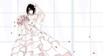  black_hair blush bouquet breasts bridal_veil cleavage closed_mouth date_a_live dress eyebrows_visible_through_hair flower hair_over_one_eye holding holding_bouquet large_breasts looking_at_viewer red_eyes short_hair smile solo tokisaki_kurumi veil wedding_dress white_dress yukinoshita_(shaonjishi) 