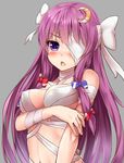  bandage_over_one_eye bandages blue_bow bow breast_hold breasts covered_nipples crescent crescent_hair_ornament grey_background hair_bow hair_ornament highres large_breasts long_hair naked_bandage open_mouth patchouli_knowledge purple_eyes purple_hair red_bow shiron_(e1na1e2lu2ne3ru3) simple_background solo touhou upper_body very_long_hair white_bow 