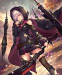  artist_request bare_shoulders boots cape castle choker cloud cygames finger_to_mouth floating floating_object fur_trim grin hair_over_one_eye hood hood_up hoodie official_art shadowverse shingeki_no_bahamut smile sword tachikawa_mushimaro thighhighs weapon white_hair wizardess_of_oz yellow_eyes 