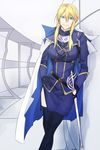  artoria_pendragon_(all) artoria_pendragon_(lancer) black_gloves blonde_hair blue_eyes breasts cape commentary_request crossed_legs fate/grand_order fate_(series) gloves hajimeru hand_on_hip highres large_breasts leaning looking_at_viewer rapier side_slit sidelocks smile solo sword thighhighs weapon 