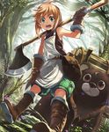  :d abby_the_axe_girl artist_request axe bag bear blonde_hair blue_eyes boots brown_eyes brown_footwear bug butterfly cygames eyebrows_visible_through_hair facial_mark flower forehead_mark forest fur_trim gloves insect knee_boots leaning log nature official_art open_mouth shadowverse shingeki_no_bahamut short_hair shorts smile 
