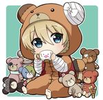  animal_costume bandages bangs bear_costume blonde_hair blue_eyes boko_(girls_und_panzer) boko_(girls_und_panzer)_(cosplay) braid chibi cosplay cup darjeeling full_body girls_und_panzer green_background holding looking_at_viewer onesie outside_border parda_siko short_hair sitting solo stuffed_animal stuffed_toy teacup teddy_bear tied_hair 