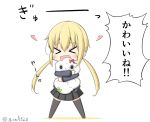  &gt;_&lt; 1girl 1other black_legwear blonde_hair blue_jacket chibi commentary_request eyes_closed full_body goma_(yoku_yatta_hou_jane) hug jacket kantai_collection long_hair long_sleeves low_twintails miss_cloud open_mouth remodel_(kantai_collection) satsuki_(kantai_collection) simple_background smile standing thighhighs translation_request twintails twitter_username white_background 