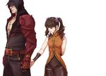  1girl bangs belt belt_buckle black_hair black_legwear brown_eyes buckle chinese_clothes couple drill_hair feathers flame_print flower gauntlets gloves hair_flower hair_ornament hetero holding_hands hood hooded_jacket inuhiko_(istdog) jacket kazama_jin ling_xiaoyu pectorals petals single_glove tekken tekken_7 twin_drills twintails 