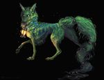  2015 ambiguous_gender black_background canine feral fur green_fur lantern mammal paws simple_background solo standing tatchit wolf yellow_eyes 