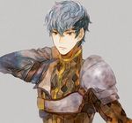  armor black_hair blue_hair closed_mouth fire_emblem fire_emblem_echoes:_mou_hitori_no_eiyuuou grey_background grey_eyes grey_hair hair_between_eyes hand_behind_head looking_at_viewer looking_to_the_side male_focus messy_hair multicolored_hair paison shoulder_armor shourou_kanna simple_background solo spaulders 
