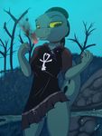  anthro bea_(nitw) cigarette clothed clothing crocodile crocodilian detailed_background female night_in_the_woods outside reptile scalie signature smoke solo uvfox yellow_sclera 