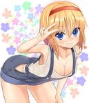  alice_margatroid alternate_costume bare_arms bent_over blonde_hair blue_eyes blush breasts cleavage closed_mouth hairband heart highres looking_at_viewer medium_breasts overalls red_hairband shiron_(e1na1e2lu2ne3ru3) smile solo suspenders tank_top touhou v 