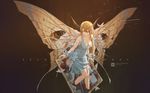  antennae bandages blonde_hair blue_eyes breasts bug cleavage dress english gradient gradient_background highres insect long_hair looking_at_viewer medium_breasts mivit moth moth_girl original personification pins pointy_ears solo white_dress wings 