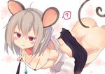  ? ahoge animal_ears ass bangs bare_shoulders black_skirt blush breasts eyebrows_visible_through_hair grey_hair hair_between_eyes highres holding jewelry looking_at_viewer micro_bikini_top mouse_ears mouse_tail nazrin necklace no_panties off_shoulder open_mouth red_eyes shirt short_hair skirt skirt_lift small_breasts solo spoken_question_mark sweat tail te_toga touhou white_shirt 