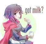  black_dress cape chocolate_chip_cookie dress english food food_on_face glass iesupa milk red_cape red_hair ruby_rose rwby solo 