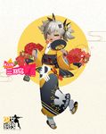 :d alcohol asymmetrical_bangs bangs black_bow black_kimono bottle bow character_name copyright_name dark_skin fan fang floral_background full_body girls_frontline hair_between_eyes hair_bow hands_up highres holding holding_fan japanese_clothes kimono kinchaku klin_(girls_frontline) looking_at_viewer obi official_art open_mouth paper_fan pouch sandals sash short_twintails smile socks solo thick_eyebrows tsurime twintails uchiwa vodka waterkuma white_legwear yellow_eyes yellow_kimono 