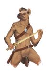  2017 balls flaccid gnoll grin humanoid_penis hyena male mammal melee_weapon nib-roc nude penis simple_background smile solo sword uncut weapon 
