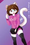  5_fingers anthro black_legwear breasts brown_eyes brown_hair cat clothed clothing erect_nipples fejess96 feline female fur hair humanoid_hands jessica_(fejess96) legwear mammal nipples school short simple_background skirt solo teenager white_fur young 