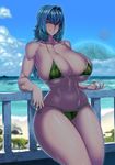  1girl beach bikini blue_eyes blue_hair breasts cleavage collarbone cowboy_shot curvy eyebrows_visible_through_hair facing_viewer female green_bikini grin highres huge_breasts leaf_print long_hair looking_at_viewer micro_bikini navel ocean original shiny_skin skindentation smile solo space_jin strap_gap swimsuit thick_thighs thighs underboob zoe_(space_jin) 