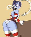  1girl anger_vein angry ass back backless_outfit bare_shoulders blue_hair blue_skin blush breasts detached_sleeves embarrassed hair_over_one_eye leviathan_(skullgirls) long_hair looking_back panties sideboob skullgirls squigly_(skullgirls) striped striped_legwear thighhighs underwear white_panties zombie 