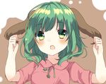  :o animal_ears arms_up bangs blush eyebrows_visible_through_hair green_eyes green_hair holding_ears karasusou_nano kasodani_kyouko looking_at_viewer multicolored multicolored_background open_mouth short_hair short_sleeves solo touhou two-tone_background upper_body 