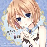  bare_shoulders blanc blue_eyes brown_hair choujigen_game_neptune countdown dress hand_up index_finger_raised neptune_(series) number official_art open_mouth short_hair solo white_dress 