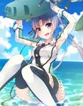  :d aircraft airplane akitsushima_(kantai_collection) armpit_cutout armpits arms_up bangs blue_sky blush breasts cloud commentary_request day earrings fuuen_(akagaminanoka) green_skirt highres holding horizon jewelry kantai_collection knees_up long_hair long_sleeves looking_at_viewer medium_breasts miniskirt nishikitaitei-chan open_mouth outdoors panties pantyshot pantyshot_(sitting) parted_bangs pink_panties polka_dot propeller purple_eyes side_ponytail silver_hair sitting skirt sky sleeves_folded_up smile solo_focus thigh_strap thighhighs underwear very_long_hair water 