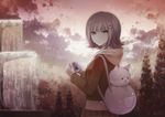  angel31424 brown_eyes brown_hair brown_skirt brown_sweater danganronpa eyebrows_visible_through_hair hair_ornament holding hood hooded_sweater looking_at_viewer looking_back nanami_chiaki outdoors pleated_skirt signature skirt solo standing super_danganronpa_2 sweater tree 