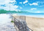  blue_sky cloud cloudy_sky commentary day highres hirota_(masasiv3) horizon no_humans ocean outdoors railing scenery seascape shore sky stairs telephone_pole waves 