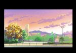  border building cloud cloudy_sky commentary commentary_request day highres hirota_(masasiv3) lamppost no_humans outdoors purple_sky road road_sign scenery sign sky street tree 